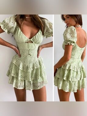 OLIVACEOUS Floral Lace Romper Dress Bustier Milkmaid Top Sage Color Cottagecore